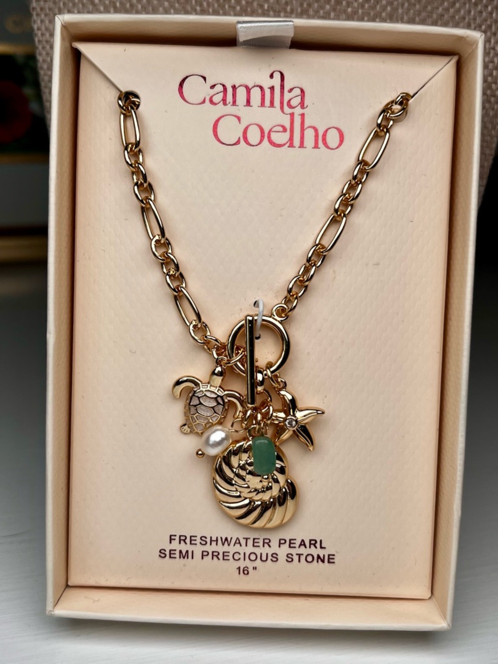 Camila Coelho Gold Shell Turtle Freshwater Pearl Charm Necklace - Green Accent
